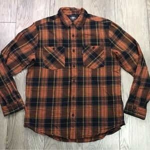 Harley-Davidson Long Sleeve Button Down Plaid Flannel Shirt Orange Black Mens L
